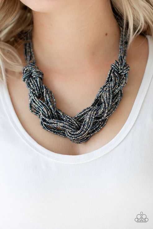City Catwalk - Oversized Blue/Gunmetal Metallic Braided Square Seed Bead Necklace N#3631