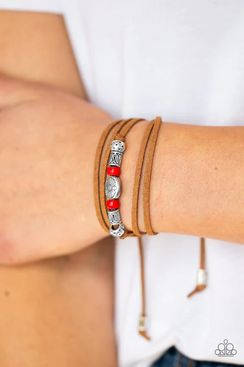 Clear A Path - Red/Silver Elongated Knotted Suede Urban Bracelet B#4787