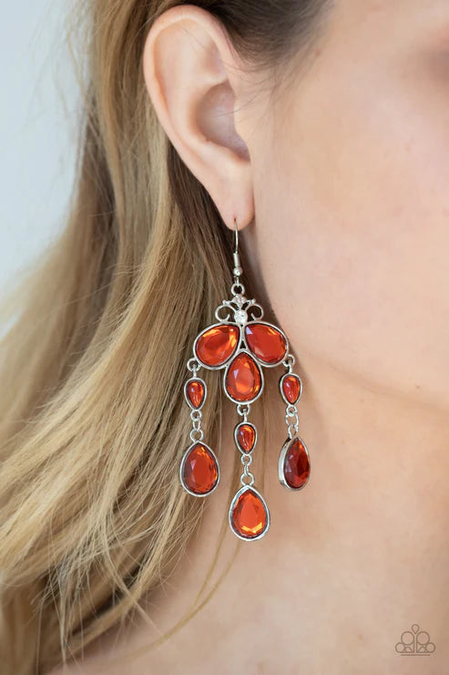 Clear The HEIR - Oversized Orange Faceted Glassy Crystal Coalesce Crystal Teardrop Chandelier Earrings E#2984