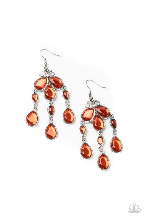 Clear The HEIR - Oversized Orange Faceted Glassy Crystal Coalesce Crystal Teardrop Chandelier Earrings E#2984