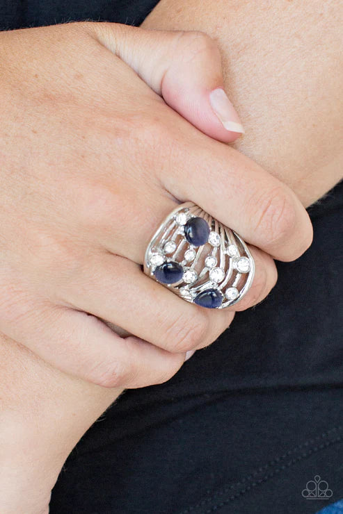 Clear The SWAY! - Oversized Blue Airy Cat's Eye Moonstone Encrusted Wavy Ring R#3086