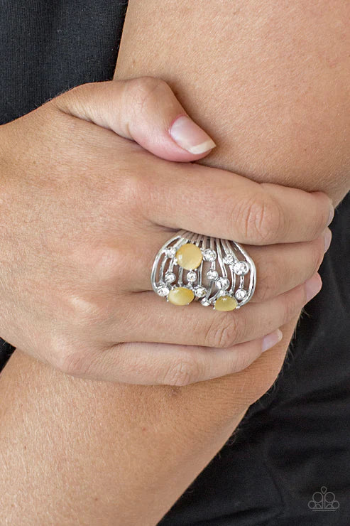 Clear The SWAY! - Oversized Yellow Airy Cat's Eye Moonstone Encrusted Wavy Ring R#5680