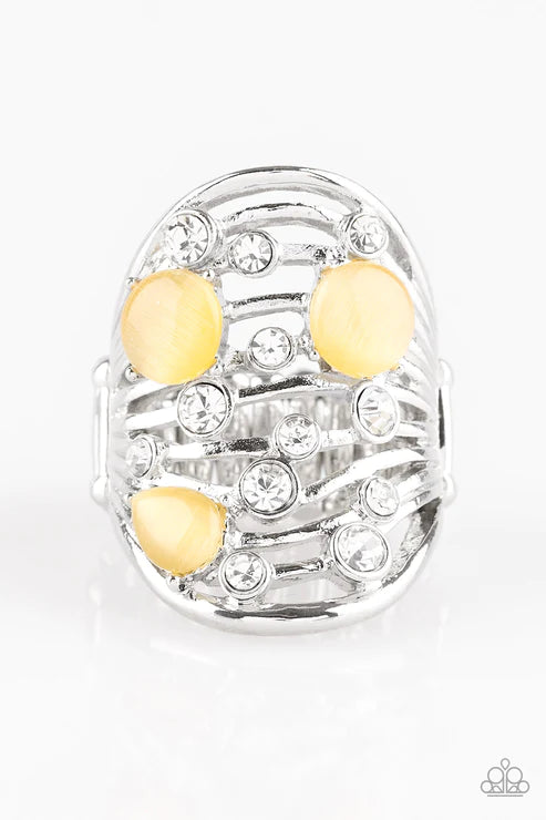 Clear The SWAY! - Oversized Yellow Airy Cat's Eye Moonstone Encrusted Wavy Ring R#5680