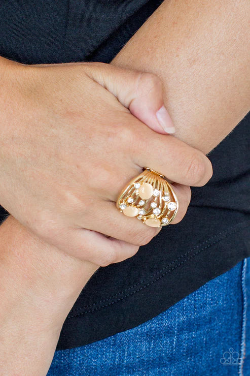 Clear The SWAY! - Oversized Gold Airy Cat's Eye Moonstone Encrusted Wavy Ring R#7032