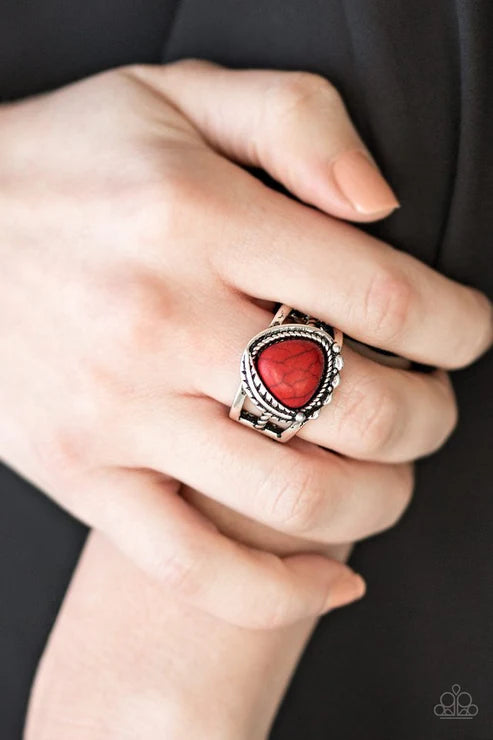 Cliff Climber - Fiery Red Chiseled Triangular Ornate Stone Ring R#6461