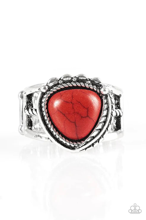 Cliff Climber - Fiery Red Chiseled Triangular Ornate Stone Ring R#6461