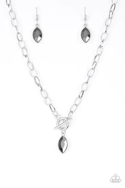 Club Sparkle - Silver/Hematite Marquise Cut Tiffany Clasp Necklace N#3106