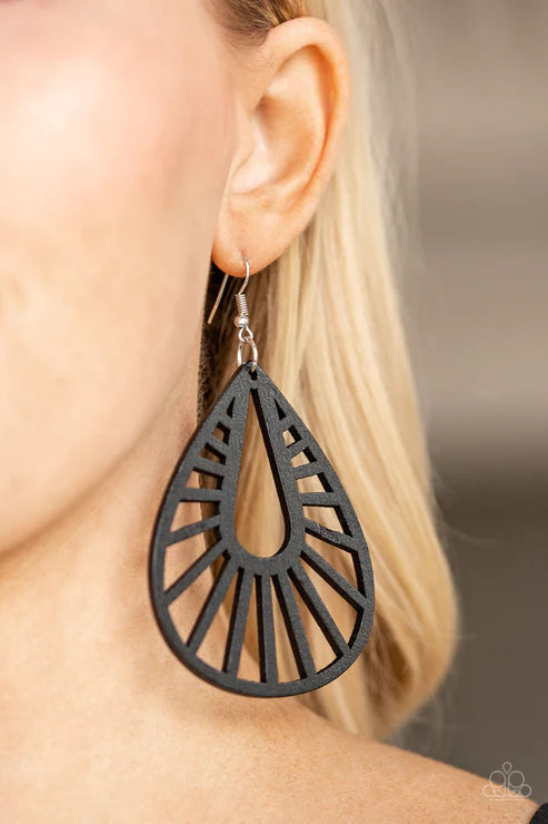Coachella Chill - Oversized Black Ornate Wood Teardrop Earrings E#4061