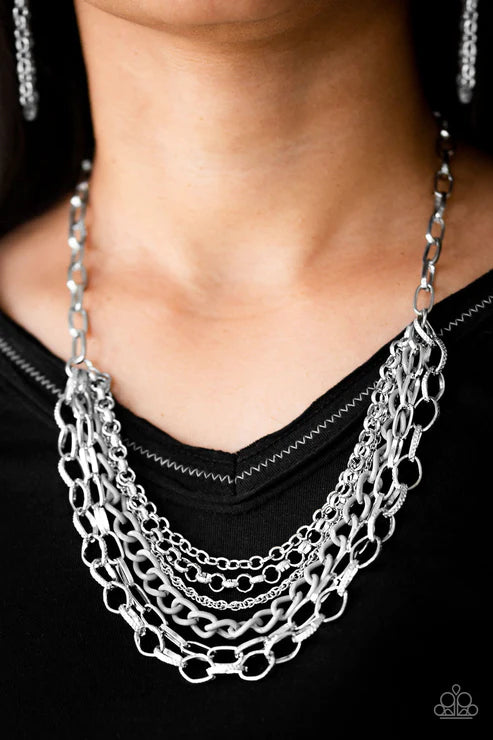 Color Bomb - Silver Mismatched Draped Chains Industrial Necklace N#3176
