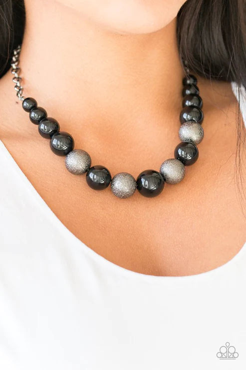 Color Me CEO - Oversized Black/Gunmetal Metallic Dusted Glitter Pearl Necklace N#5857