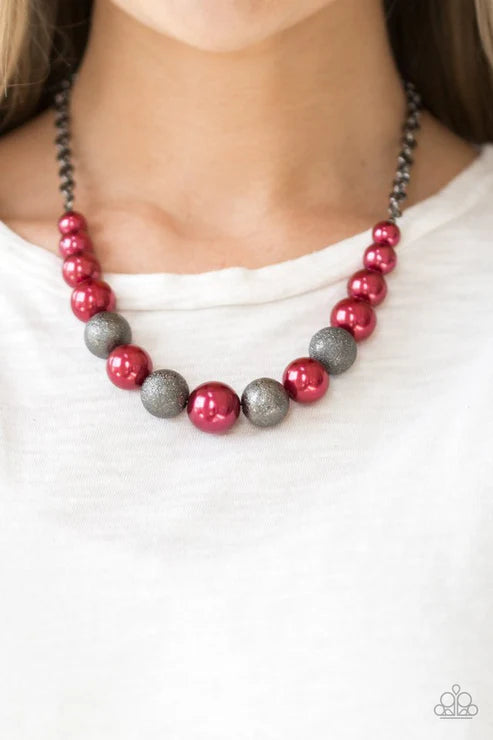 Color Me CEO - Oversized Red/Gunmetal Metallic Dusted Glitter Gunmetal Pearly Necklace N#7399