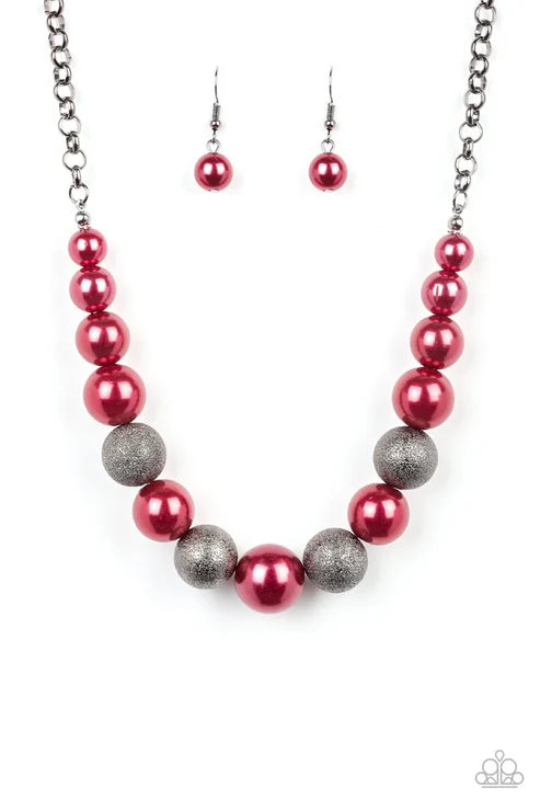 Color Me CEO - Oversized Red/Gunmetal Metallic Dusted Glitter Gunmetal Pearly Necklace N#7399