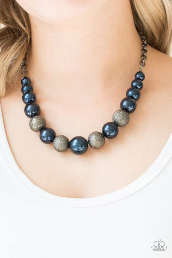 Color Me CEO - Oversized Blue/Gunmetal Metallic Dusted Glitter Gunmetal Pearly Necklace N#7415