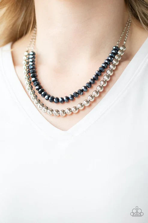 Color Of The Day - Blue Dipped Metallic Shimmer Glittery Crystal-like Bead Necklace N#7422