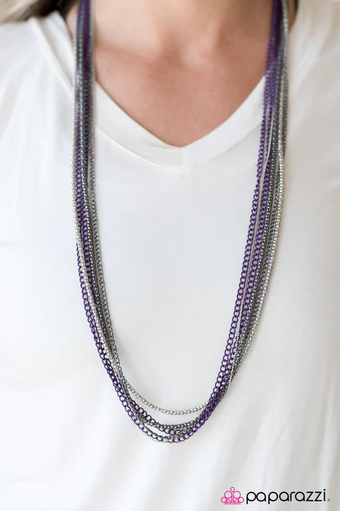 Colorful Calamity - Oversized Purple (Purple/Gunmetal/Silver) Metallic Shimmer Spunky Textured Necklace N#3104