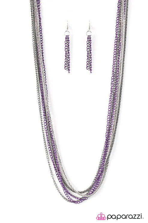 Colorful Calamity - Oversized Purple (Purple/Gunmetal/Silver) Metallic Shimmer Spunky Textured Necklace N#3104