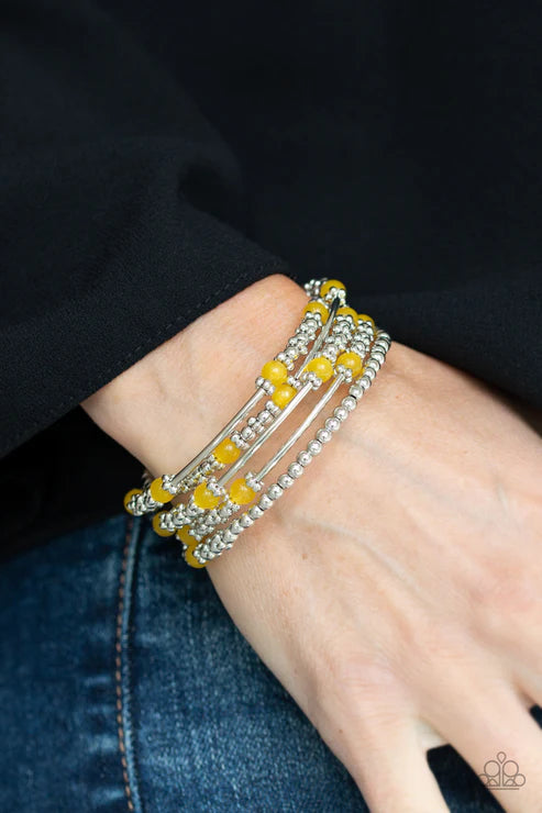 Colorful Charisma - Yellow Cat's Eye Moonstone Studded Accent Coiled Wire Infinity Wrap Bracelet B#6767