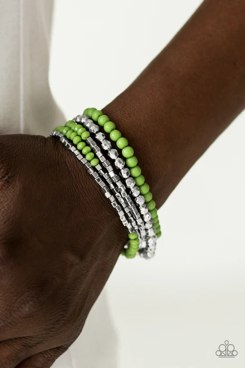 Colorfully Chromatic - Green/Silver Mismatched Faceted Square  Bracelet Stack B#6264