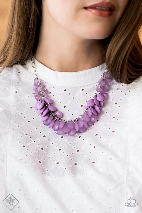 Colorfully Clustered - Purple Polished/Crystal Cluster Teardrop Whimsical Dimension Fringe Necklace N#6121