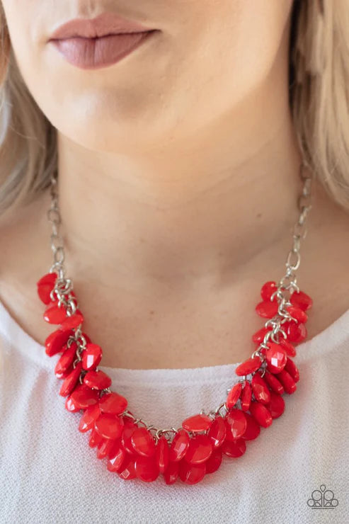 Colorfully Clustered - Fiery Red Polished/Crystal Cluster Teardrop Whimsical Dimension Fringe Necklace N#2943