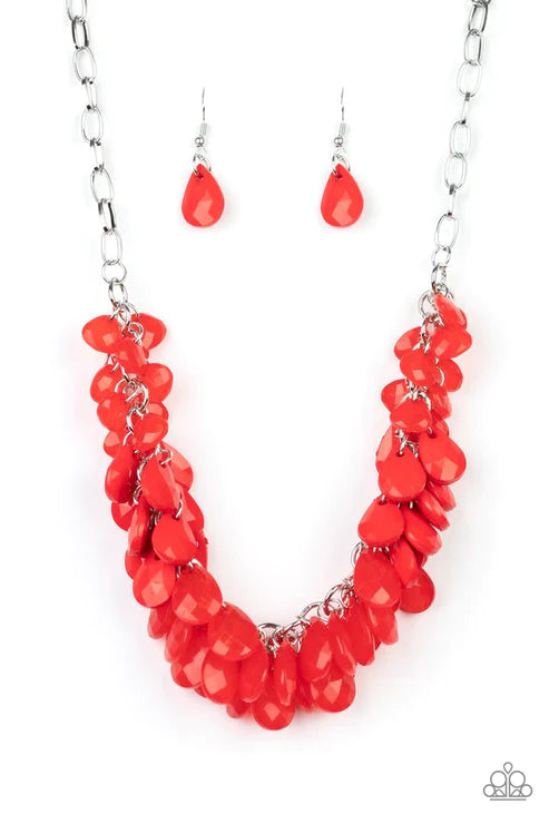 Colorfully Clustered - Fiery Red Polished/Crystal Cluster Teardrop Whimsical Dimension Fringe Necklace N#2943