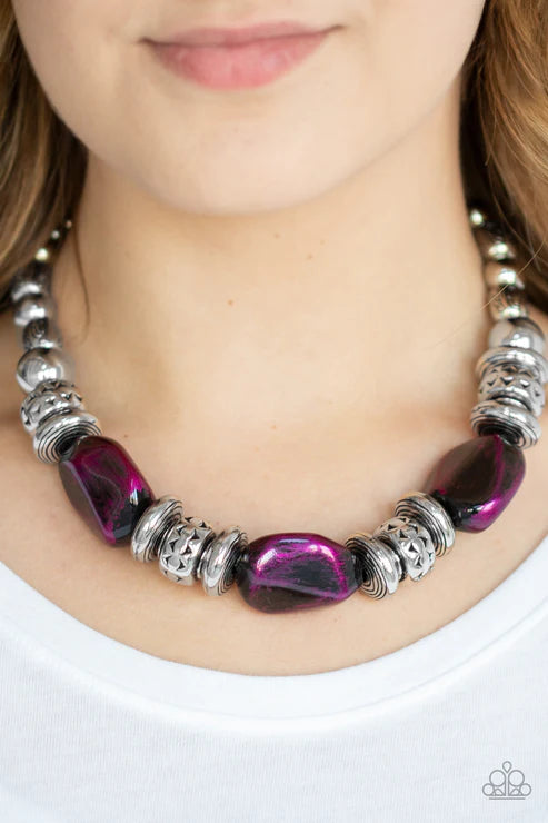 Colorfully Confident - Oversized Purple/Silver Metallic Faux Rock Ornate Accents Necklace N#2741