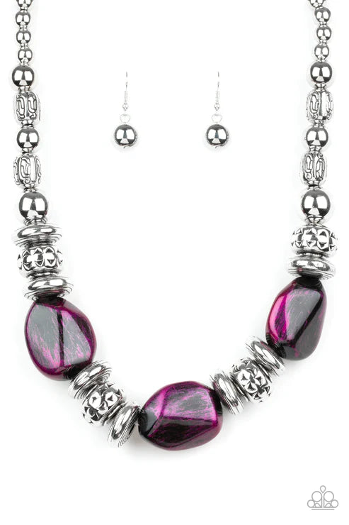 Colorfully Confident - Oversized Purple/Silver Metallic Faux Rock Ornate Accents Necklace N#2741