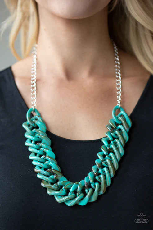 Comin In HAUTE - Oversized Blue Faux Marble Twisted Square Link Necklace N#3553