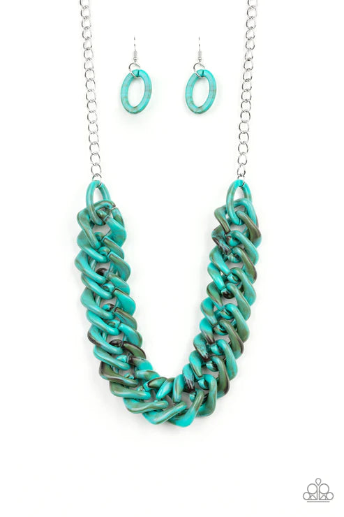 Comin In HAUTE - Oversized Blue Faux Marble Twisted Square Link Necklace N#3553