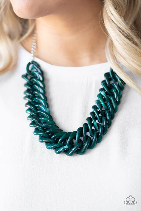 Comin In HAUTE - Oversized Green Faux Marble Twisted Square Link Necklace N#4558