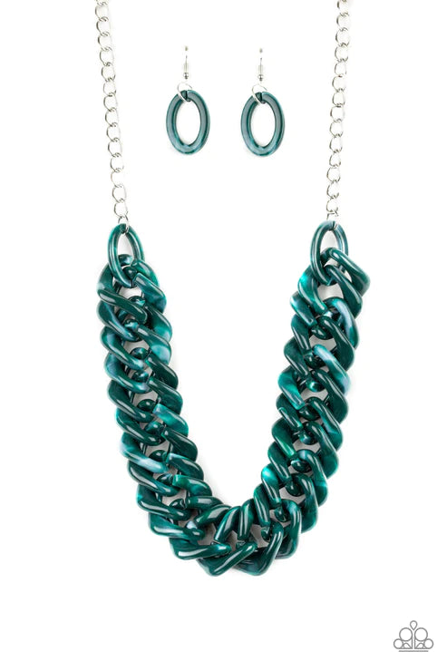 Comin In HAUTE - Oversized Green Faux Marble Twisted Square Link Necklace N#4558