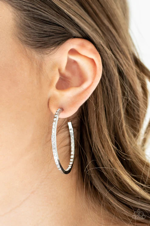 Comin Into Money - Oversized White Encrusted In/Out Hoop Earrings E#2885