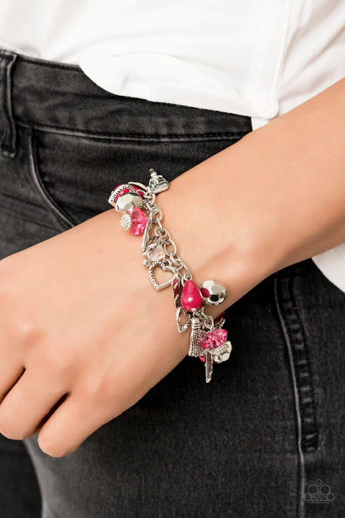 Completely Innocent - Chunky Pink/White Faceted Crystal 3D Hearts/Feathers Tassel Bracelet B#5171