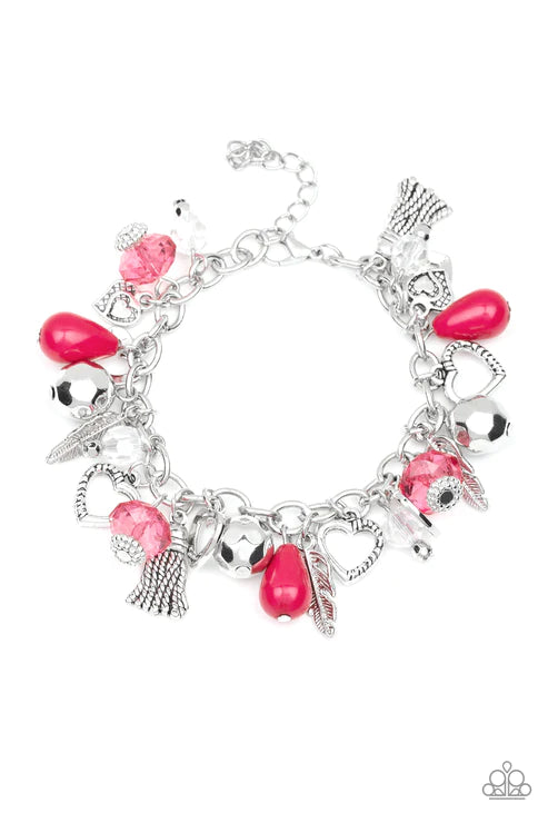 Completely Innocent - Chunky Pink/White Faceted Crystal 3D Hearts/Feathers Tassel Bracelet B#5171