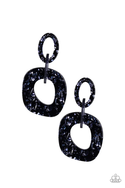 Confetti Congo - Oversized Blue (Blue/White/Silver) Flecked Metallic Shimmer Abstract Retro Earrings E#2792