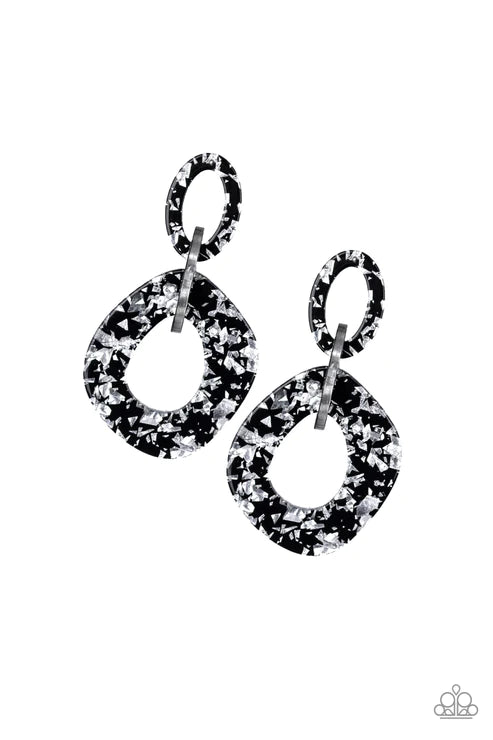 Confetti Congo - Oversized Silver (Silver/Black) Flecked Metallic Shimmer Abstract Retro Earrings E#4088
