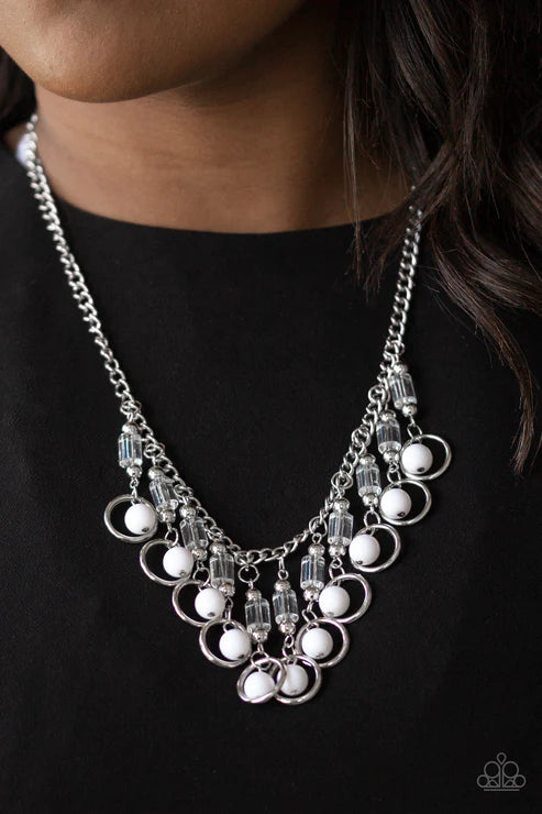 Cool Cascade - White Crystal/Metallic Rods/Crystal Tassel Fringe Necklace N#6164