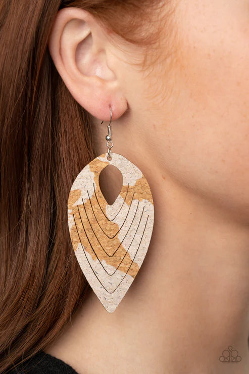 Cork Cabana - Oversized White Spotted Spliced Rippling Flat Cork Accent Teardrop Earrings E#2980