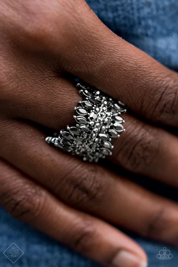 Cosmic Confetti - Oversized Silver Eruption Hematite Encrusted Mismatched Round/Marquise-Cut Ring R#6881