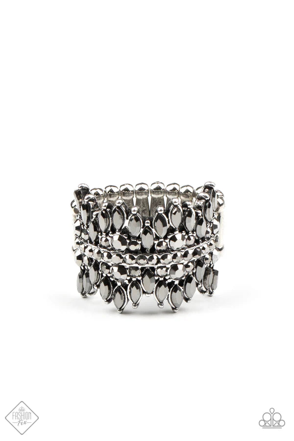 Cosmic Confetti - Oversized Silver Eruption Hematite Encrusted Mismatched Round/Marquise-Cut Ring R#6881