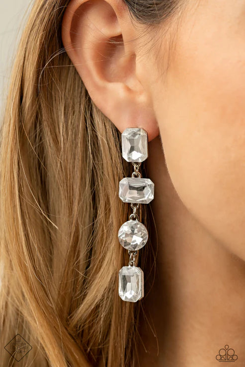 Cosmic Heiress - Oversized White Round/Teardrop/Emerald Cut Trickle Chandelier Earrings E#5161