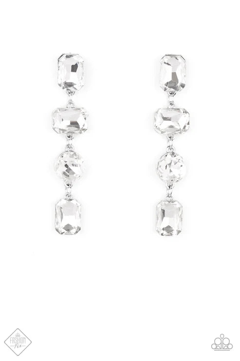 Cosmic Heiress - Oversized White Round/Teardrop/Emerald Cut Trickle Chandelier Earrings E#5161