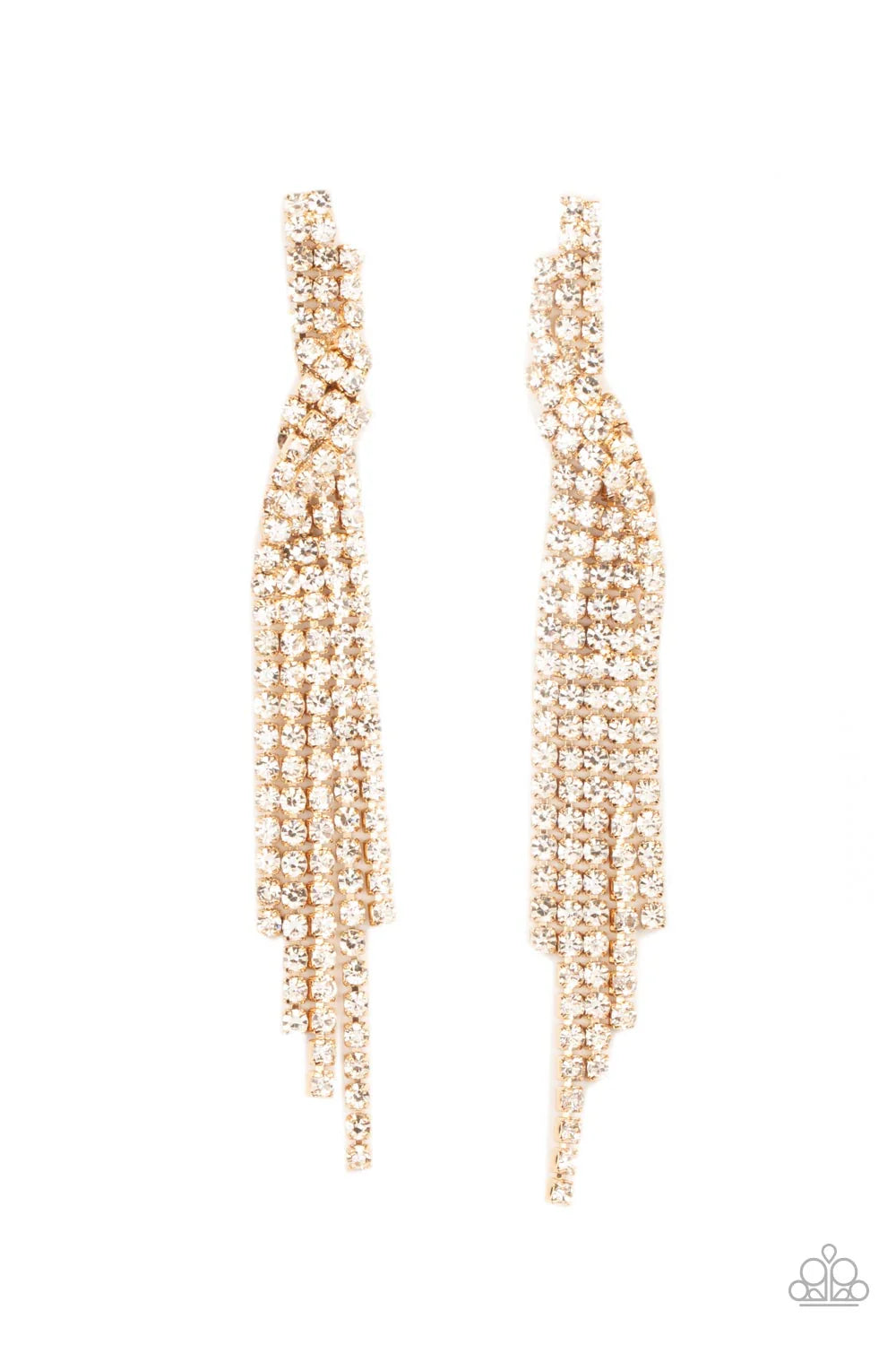 Cosmic Candescence - Gold Encased Fittings Strands White Encrusted Overlap Tapered Tassel Twinkly Earrings E#7118