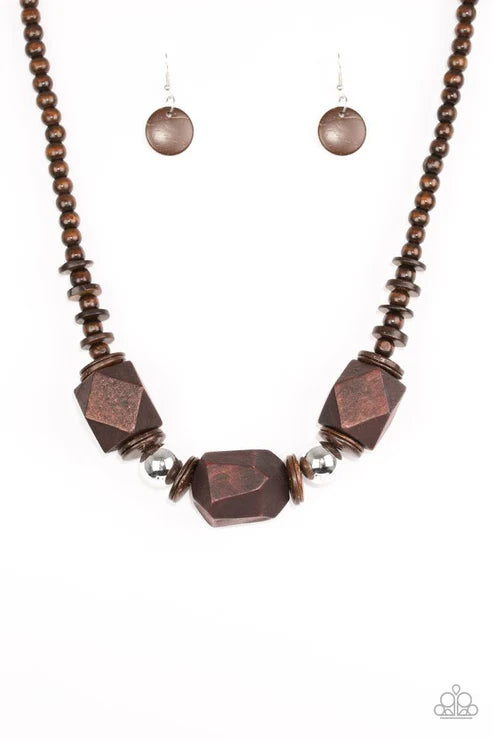 Costa Maya Majesty - Oversized Brown Abstract Geometric Mismatched Wood Necklace N#6292
