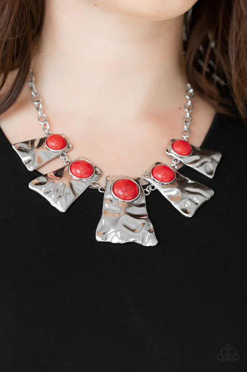 Cougar - Oversized Red Indigenous Fanned Out Plates Hammered Texture Infused Stone Hammered Fringe Necklace N#5290