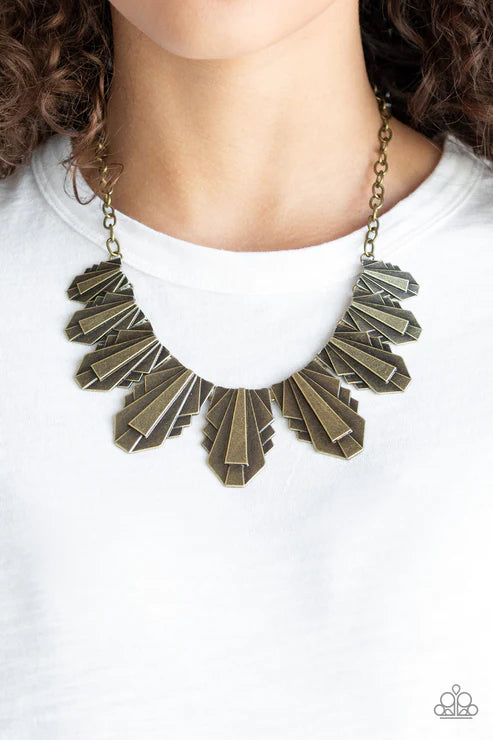Cougar Cave - Oversized Brass 3D Geometric Textured Stacked Connected Fringe Plates Necklace N#4508