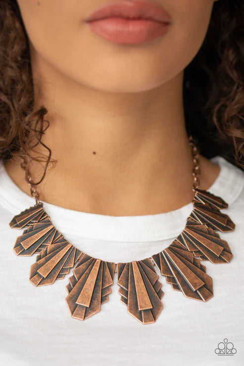 Cougar Cave - Oversized Copper 3D Geometric Textured Stacked Connected Fringe Plates Necklace N#4545