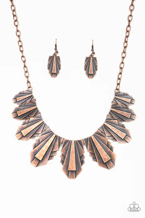 Cougar Cave - Oversized Copper 3D Geometric Textured Stacked Connected Fringe Plates Necklace N#4545