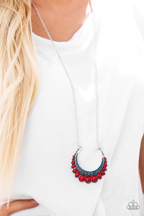 Count To ZEN - Multi (Robust Red/Blue) Crescent Flared Out Encrusted Necklace N#4096