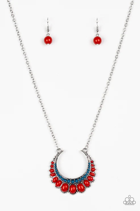Count To ZEN - Multi (Robust Red/Blue) Crescent Flared Out Encrusted Necklace N#4096